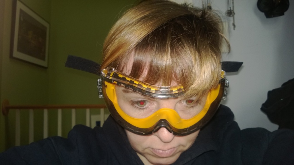 me wearing my yellow dewalt safety goggles