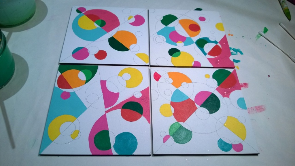 set of 4 circle mosaic paintings - acrylic on 5X5" gesso board