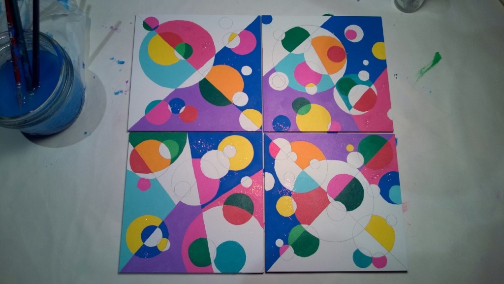 working on my set of 4 circle mosaic paintings - acrylic on 5x5" gesso board