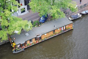 house boat in amsterdam from top of westerkerk tower