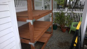 outdoor cat enclosure / catio shelf slats stained and ready to go