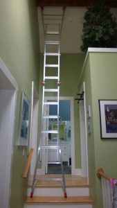 ladder in upstairs hall to hang disco ball