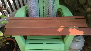 staining luan slats for the outdoor cat enclosure / catio to cover the staples