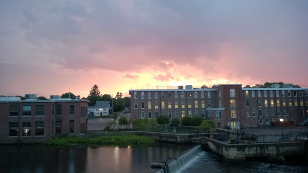 sunset over the ipswich river, waterfall, and ebsco