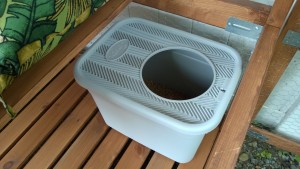 installing the litter box in the outdoor cat enclosure / catio