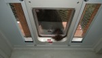 bonkers using the outdoor cat enclosure / catio cat door in the dining room window