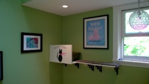 birdie's new litter box and privacy screen in the upstairs hallway