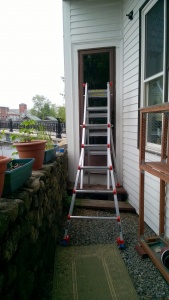 setting up my little giant ladder on the back steps to prime the back door