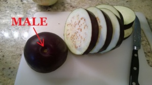 slicing the eggplant to prepare it for grilling