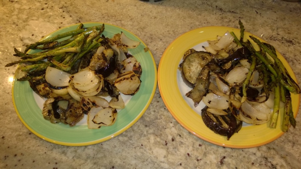 grilled eggplant, onions, and asparagus
