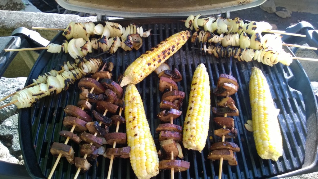 grilling skewered onions, skewered portobellos, and corn on the cob