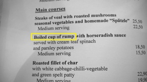 a funny translation in the menu at castle hohen neuffen, germany