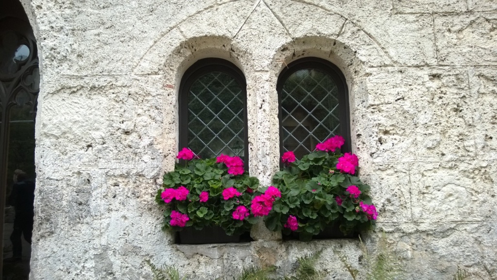 beautiful windows and flower boxes in the courtyard leading to castle lichtenstein