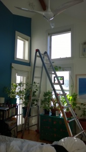 setting up the ladder in the bedroom to get rid of dust bunnies & cobwebs