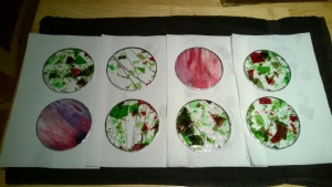 i made 6 "christmas glass" circles & 2 "sunset glass" circles