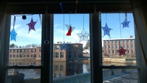the snowflake stars in the living room window
