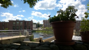 view of the ipswich river and dam from the backyard adirondack chair