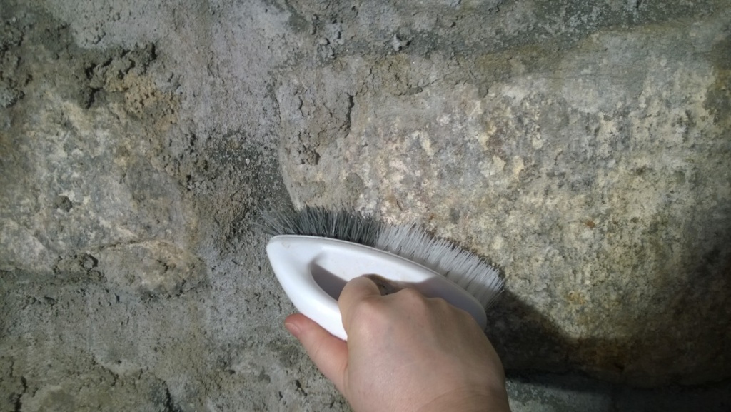 i used a brush to clean the dirt off the basement wall
