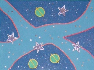 planet painting for tyler 2004 - acrylic on 5x7" canvas board w/ metal stars