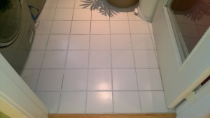 using polyblend grout renew to re-hue the old dark grout in the laundry room