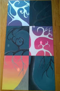 the tree on two of my 6 panels has been painted silver with liquid leaf - 6 panel art painting project
