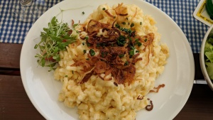 swabian egg noodles [aka Spätzle] with cheese & dried onions on top