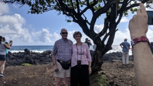 pop and auntie at a beach on the road to hana tour, maui