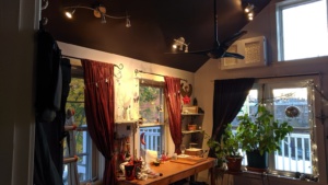 the 3 light fixtures that provide light for the girl cave work bench