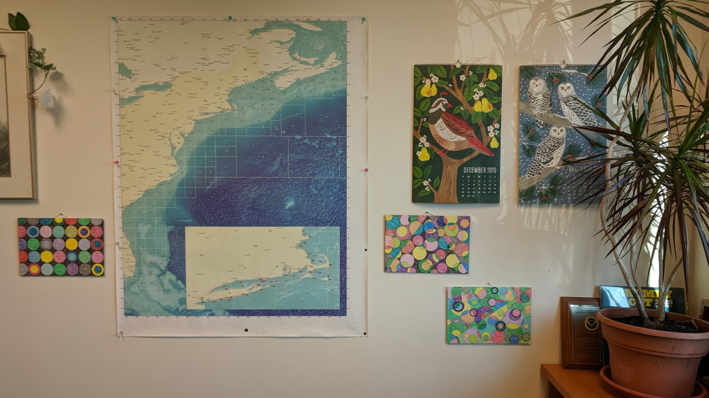 crayon art 1, 2, & 3 hanging on my office wall