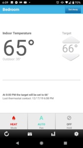 a screen shot of our lux smart thermostat apps on our android phones